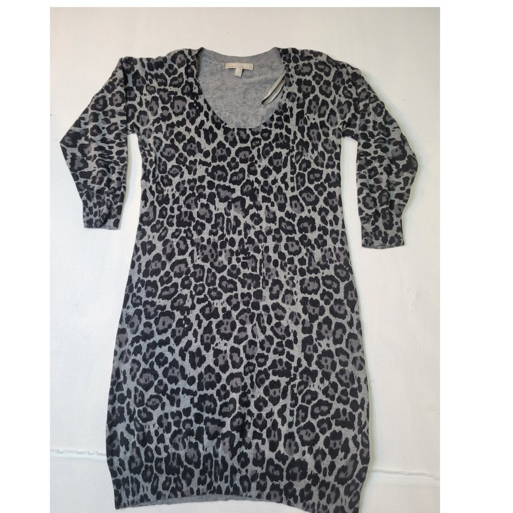 Banana Republic Grey Leopard Print Knit Sweater Dress XS Scoop Neck Long Sleeve